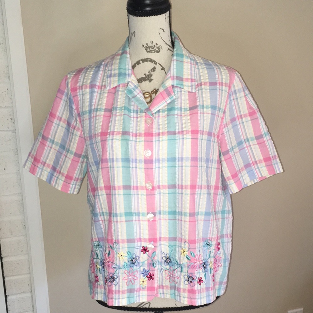 ALFRED DUNNER SEERSUCKER PLAID SS BLOUSE